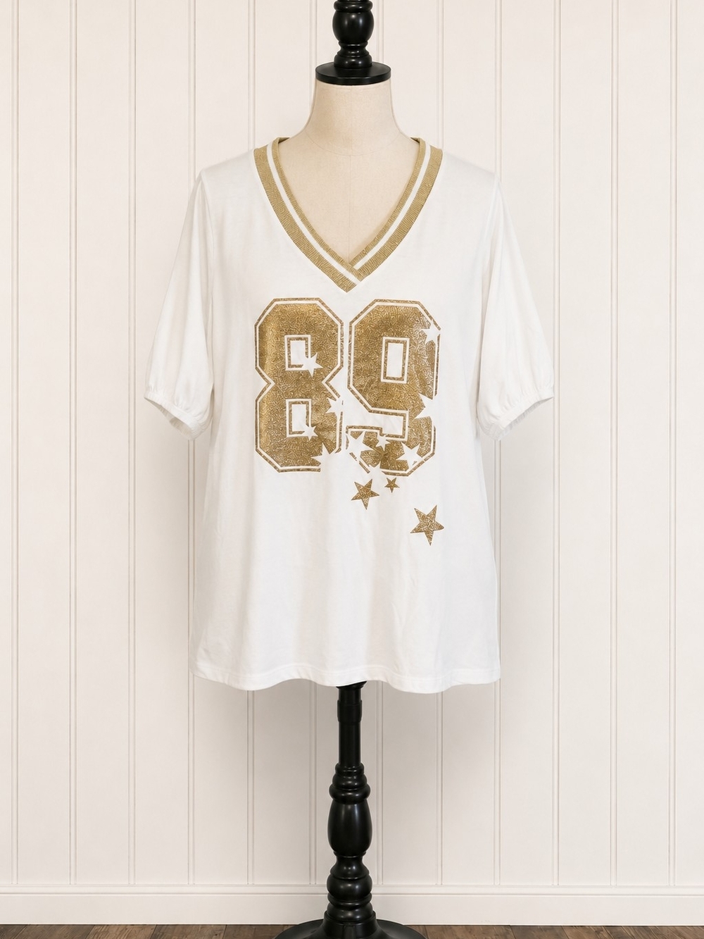 Caren Sport White V-Neck Tee with Gold Glitter '89' Graphic